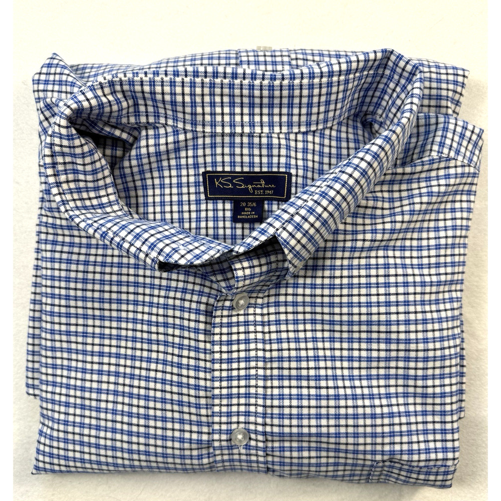 KS Signature mens shirt 20 35/36 Big blue black plaid Classic Designer Oxford